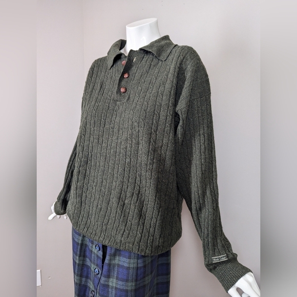 Vintage 90s West Coast Wool Cable Knit Sweater Olive Green Oversized Grandpa Sty - Picture 7 of 11